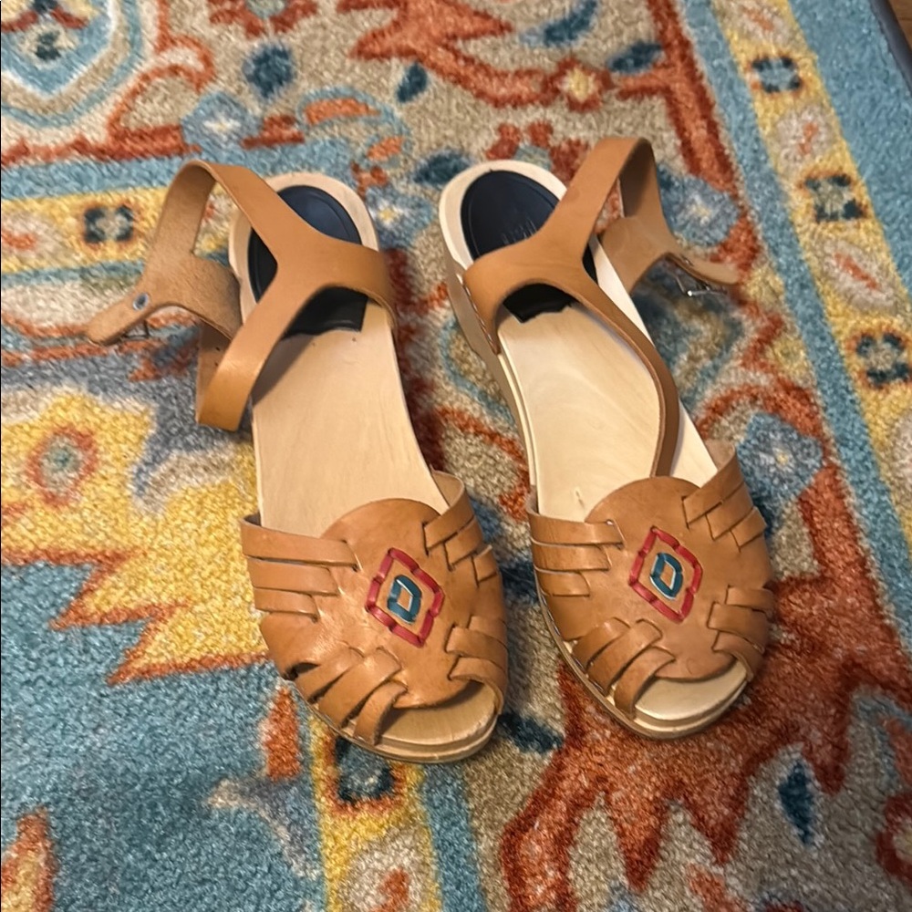 Swedish Hasbeens Tan Leather Sandals with Woven Design